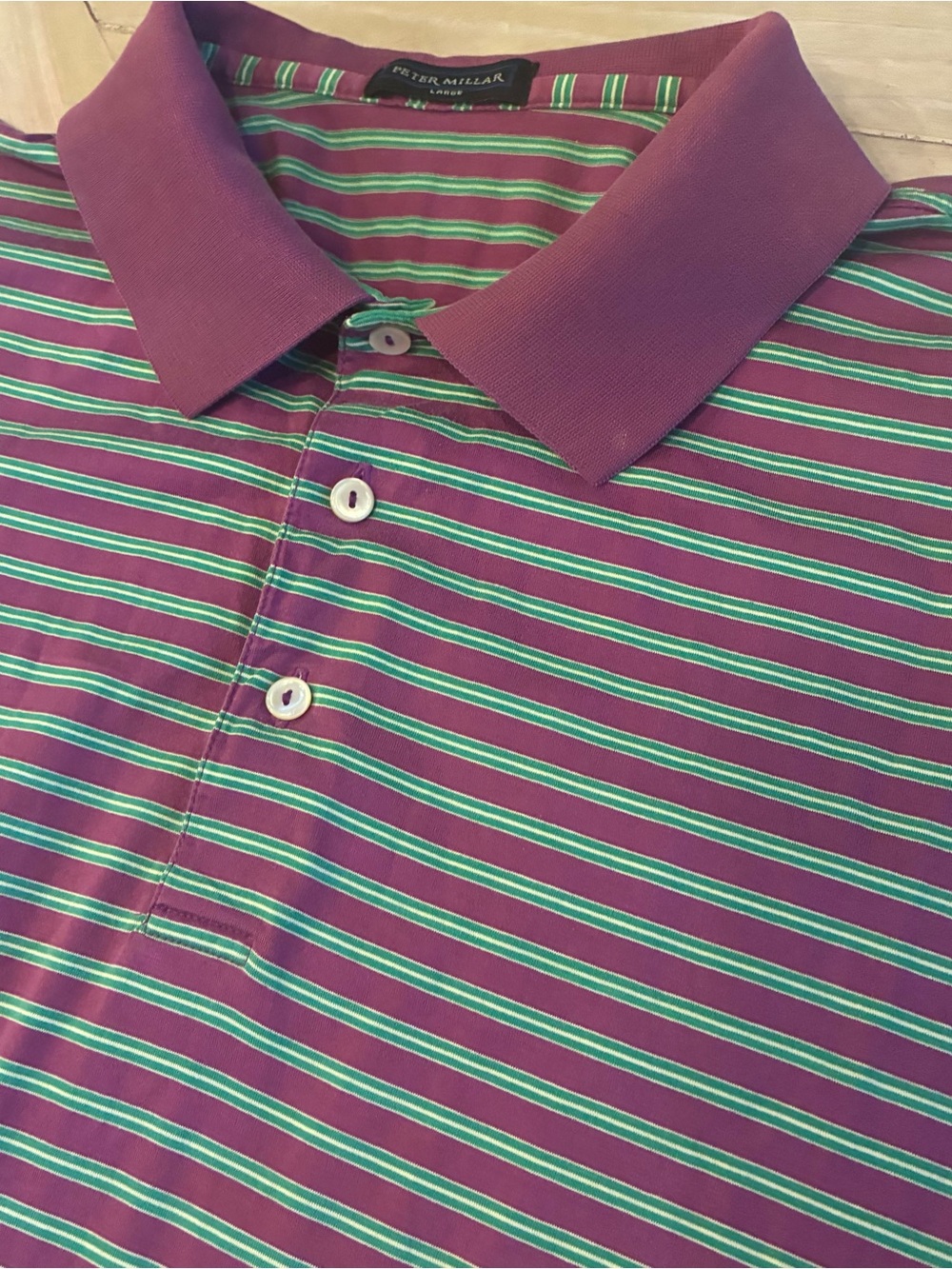 Peter Millar Men's Plum Polo with Green and White Stripes